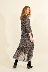 Western Floral Belted Ruffle Hem Maxi Dress Black Claire