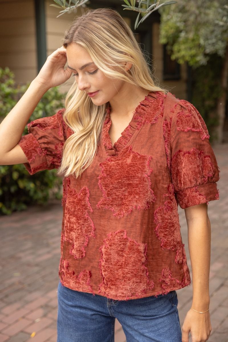 Ruffle Vneck Vintage Burnout Velvet Top Rust