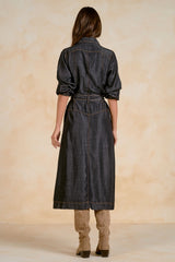Washed Collared Long Sleeve Buttoned Maxi Dress Black Wash