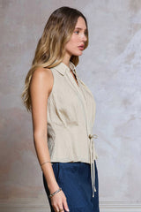 Halter Neck Ladder Lace Tied Collared Tank Natural