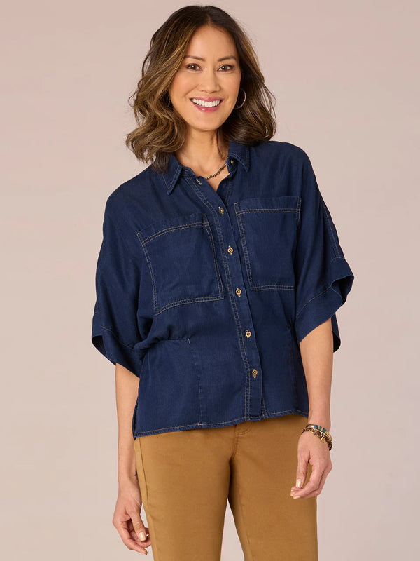 Shirttail Hem Peplum Patch Pocket Shirt Indigo