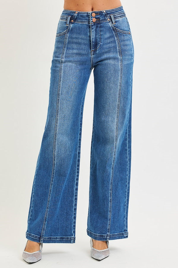 High Rise Wide Jeans Curved Seam Detail Dark