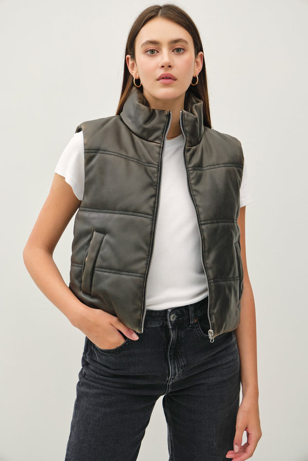 Distressed Leather Puffer Vest Charcoal