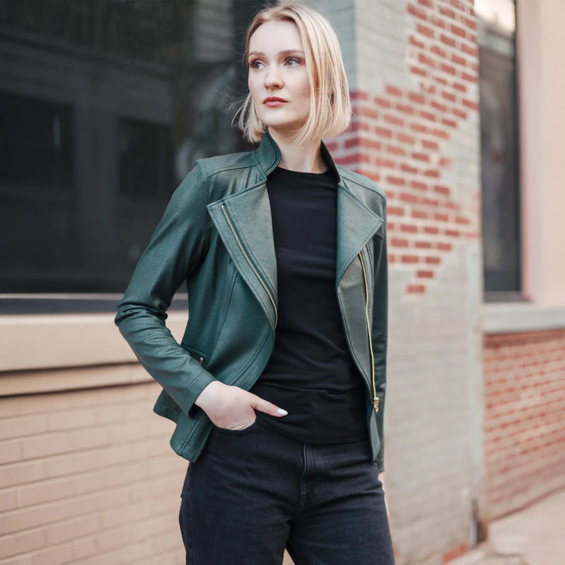 Classic Leather Knit Moto Jacket Hunter Green