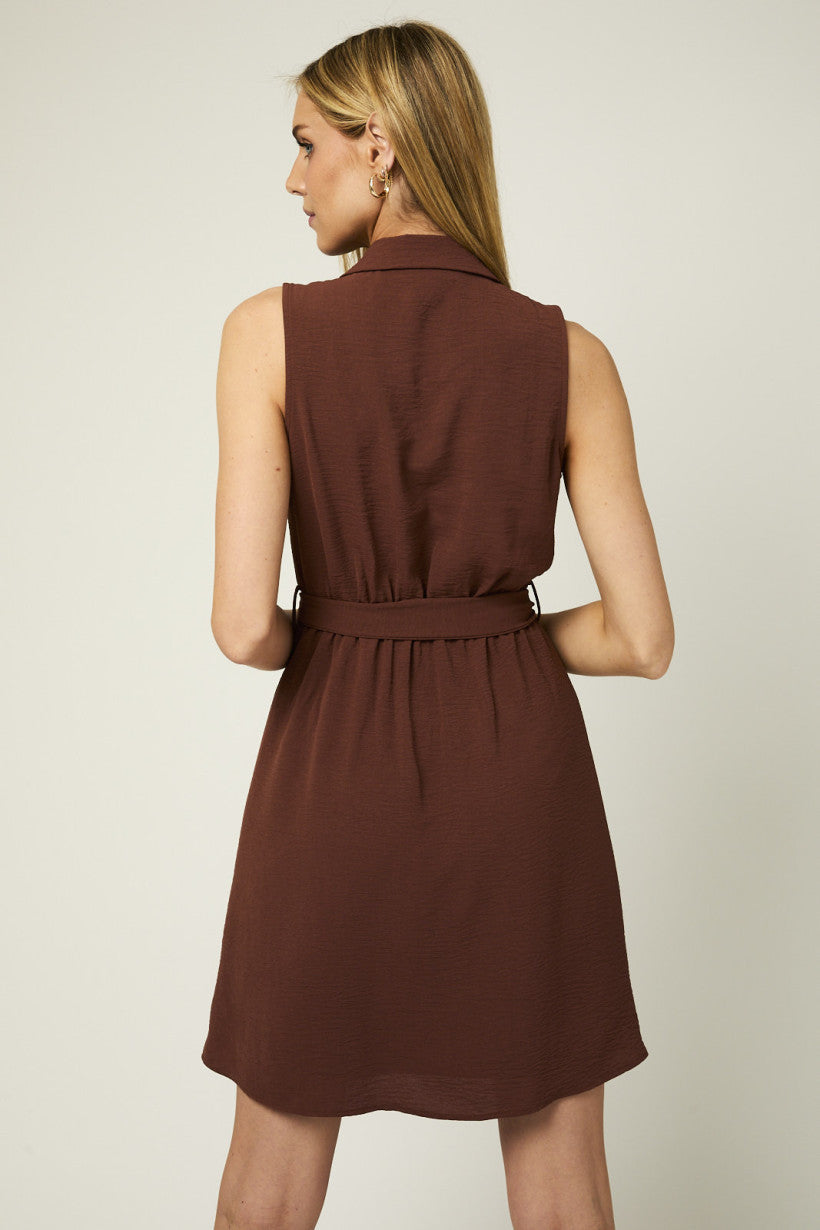 Collared Self Tie Sleeveless Dress Brown