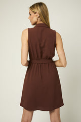 Collared Self Tie Sleeveless Dress Brown