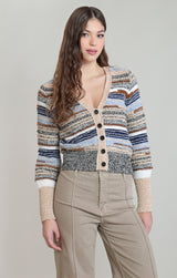 Melange Striped Cardigan Ecru Navy Stripe