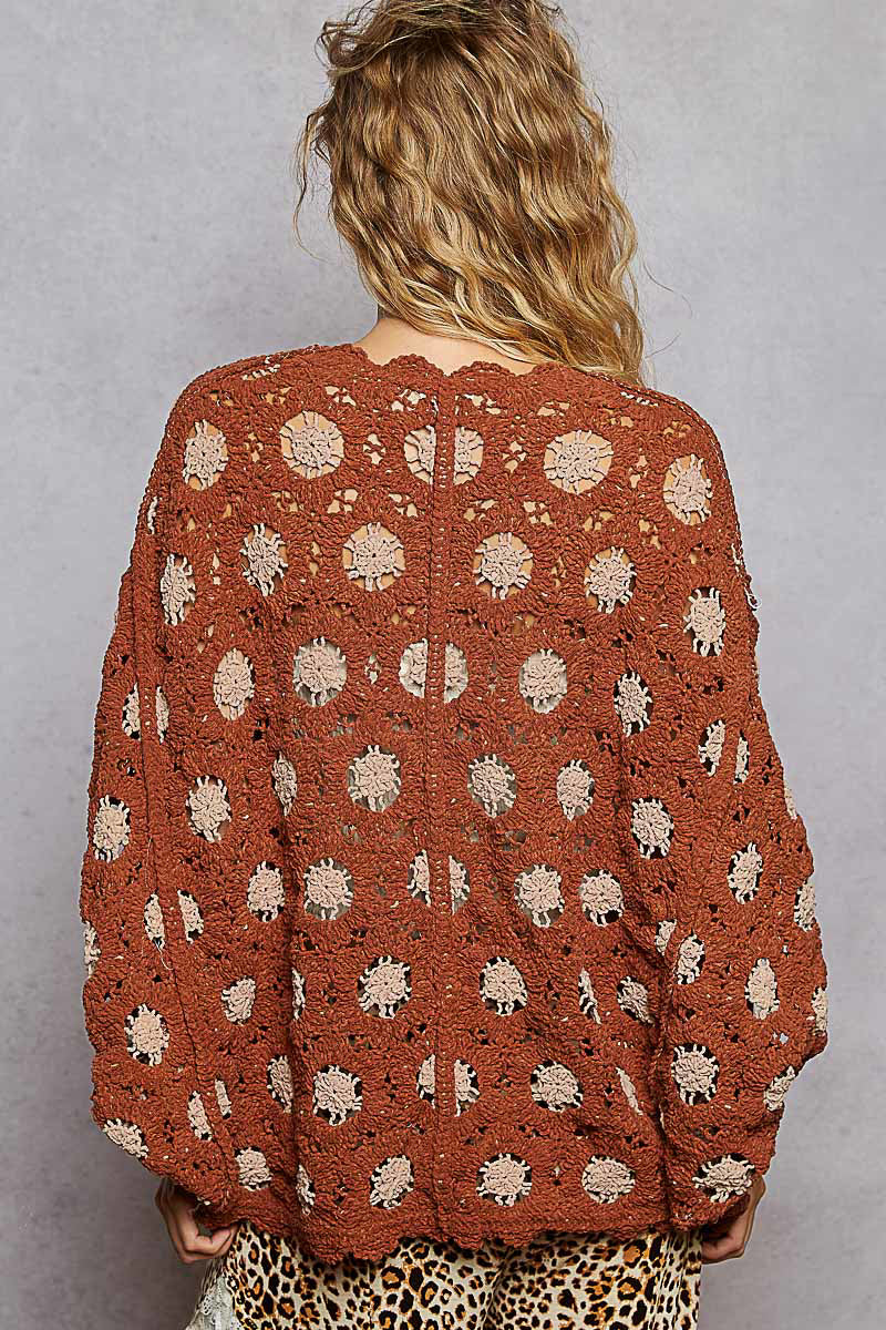 Floral Pattern V-neck Relaxed Fit Batwing Cardigan Brick/Latte