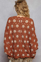 Floral Pattern V-neck Relaxed Fit Batwing Cardigan Brick/Latte