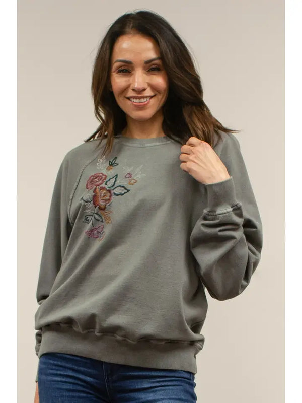 Santana Floral Embroidered Crew Neck Sweatshirt Dark Grey