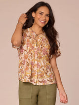 Flounce Sleeve Ruched Front Button Down Floral Top Citrine Multi