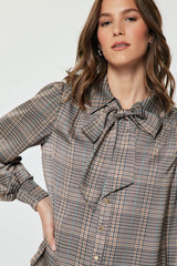 Plaid Satin Tie Neck Smock Cuff Blouse Multi