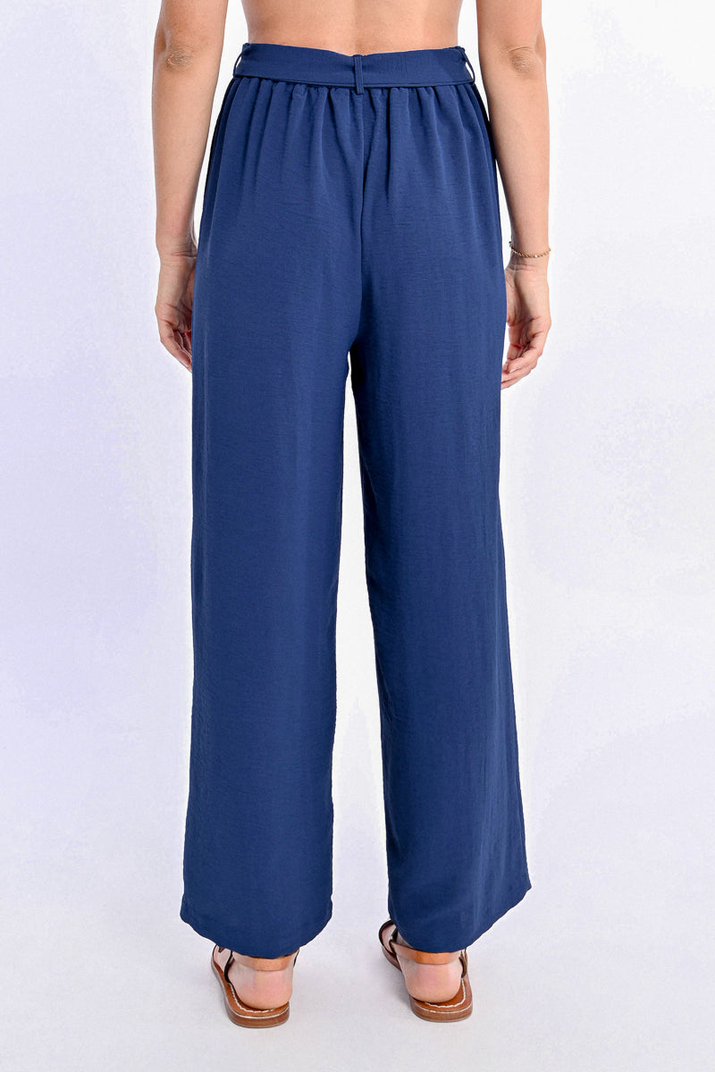 Crepe Tied Belt Wide Leg Pants Navy Blue