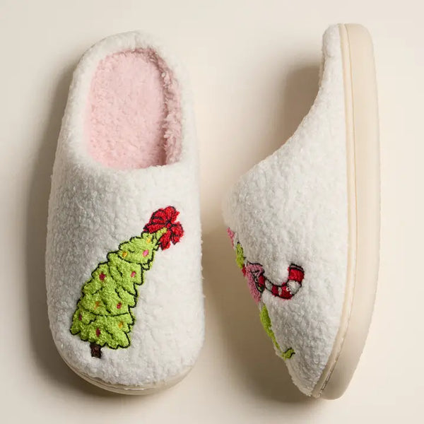 Grinch Christmas Tree Slippers Ivory + Pink