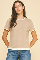Double Layered Knit Short Sleeve Top Taupe