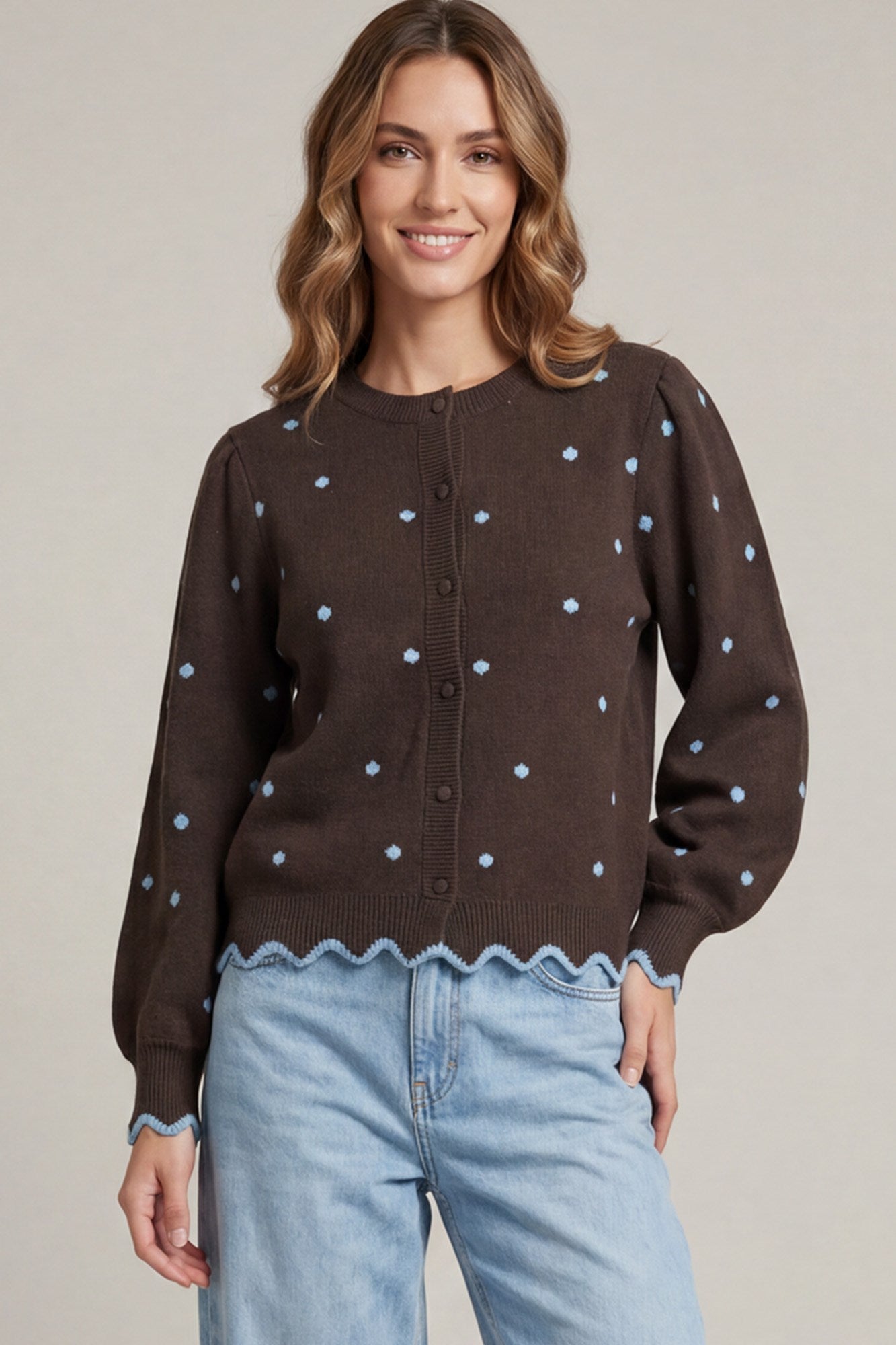 Polka Dot Scallop Hem Cardigan Brown
