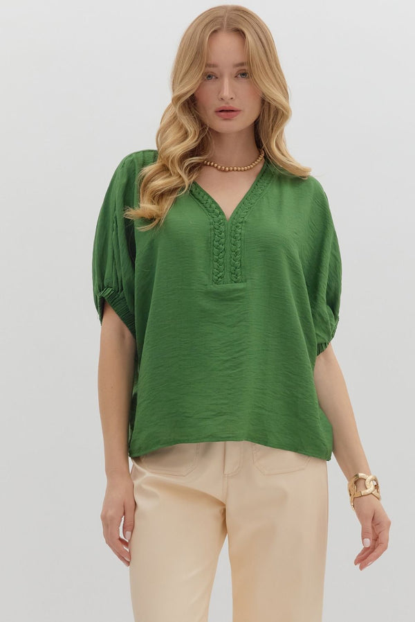 Braided Detail Woven Dolman Top Fern