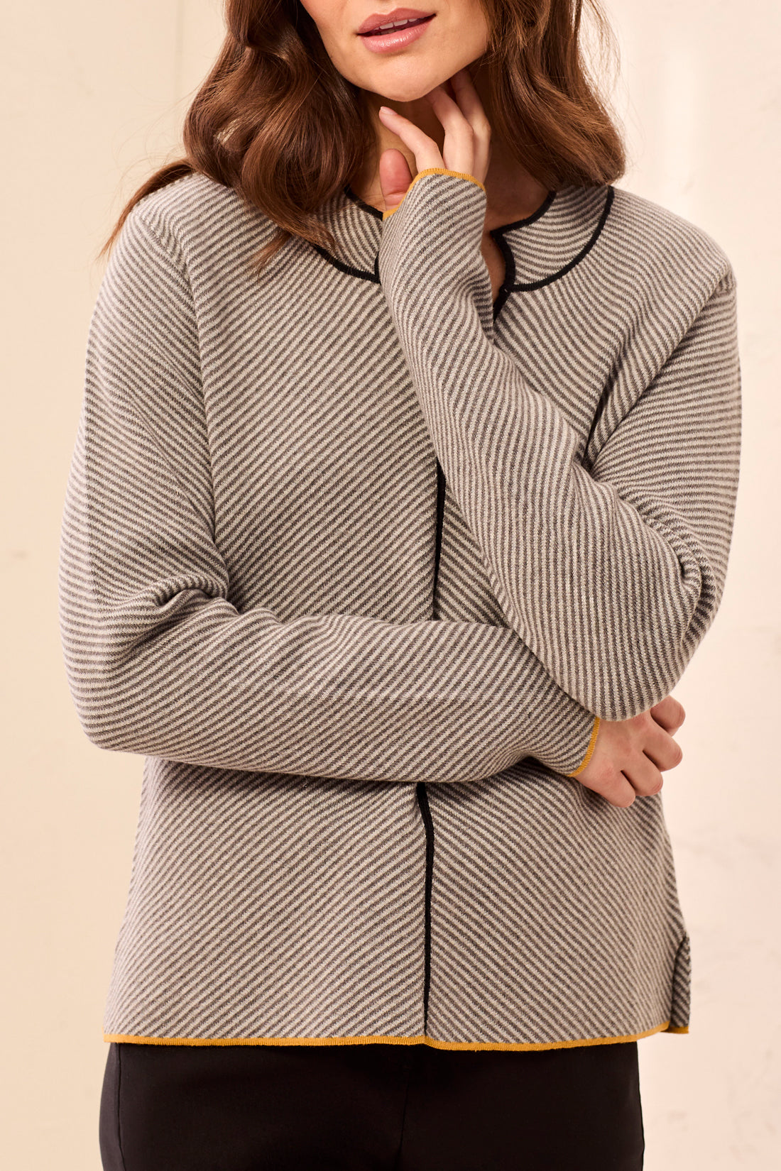 Split Neck Stripe Piping Detail Sweater Grey Mix