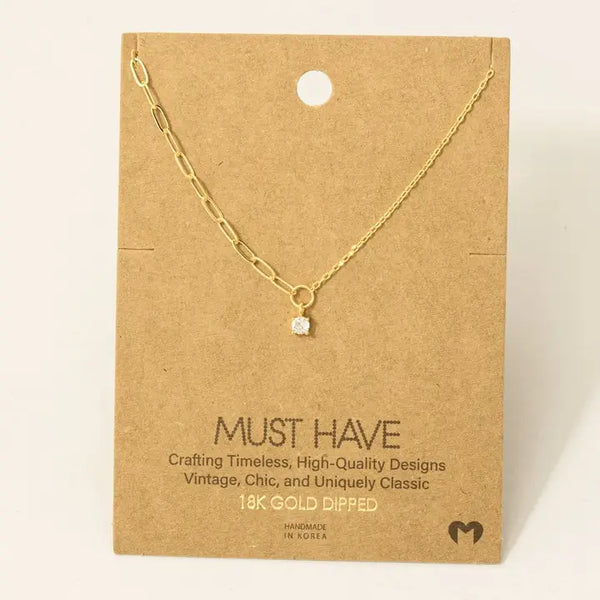 Chain Link Rhinestone Stud Charm Necklace Gold