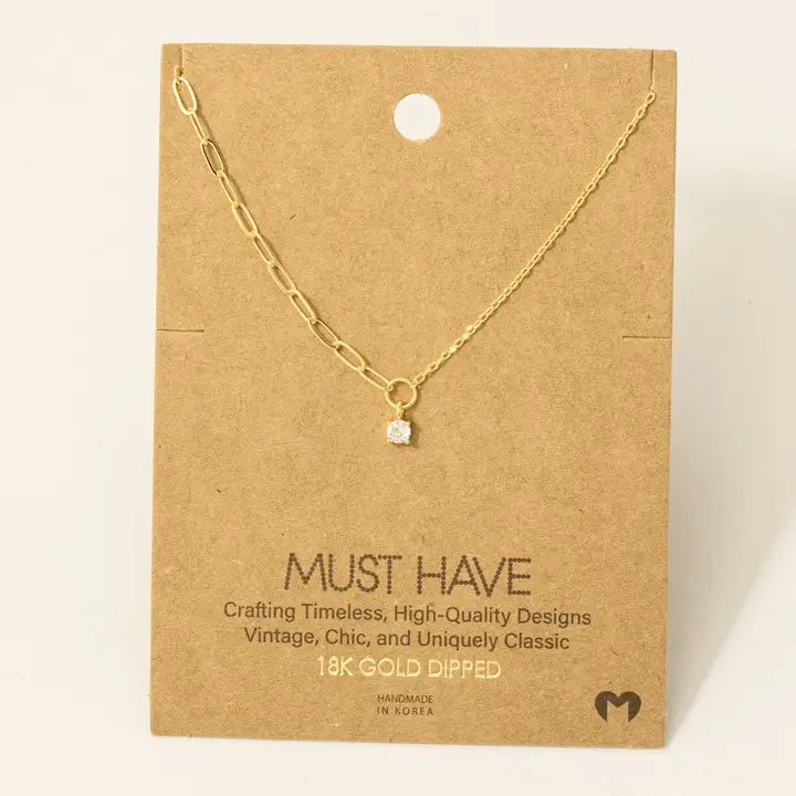 Chain Link Rhinestone Stud Charm Necklace Gold