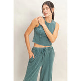 Mineral Washed Tank Wide Leg Pants Set Dark Teal
