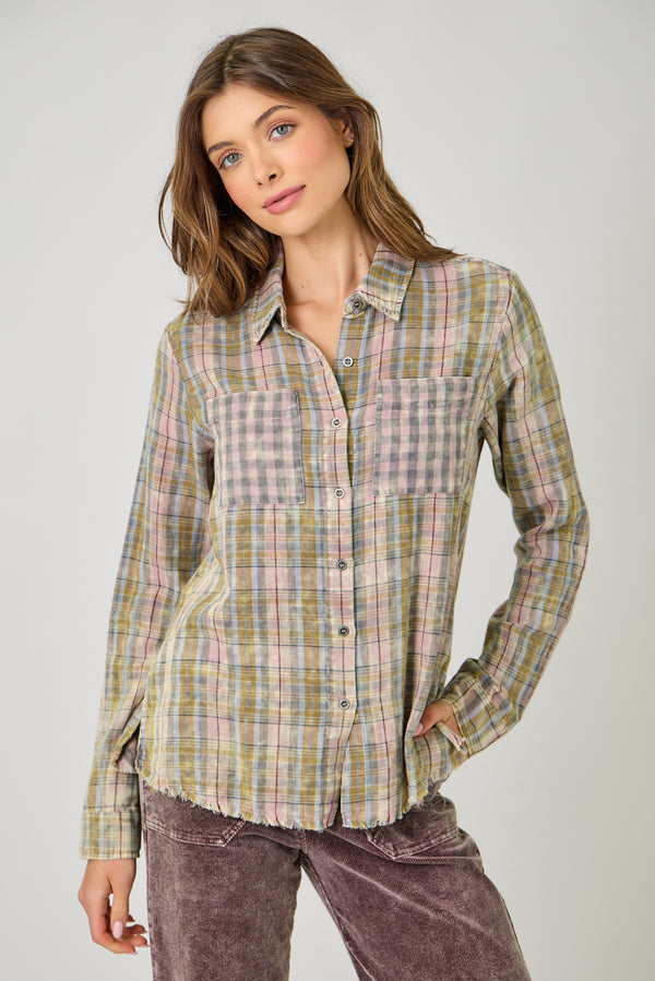 Fringe Bottom Detail Washed Plaid Shirt Vintage Rose