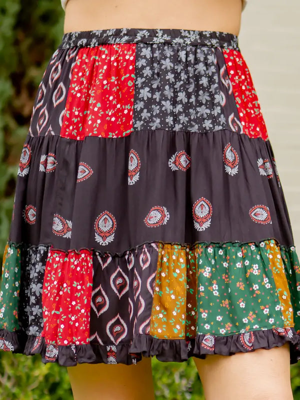 Western Print Patchwork Tiered Mini Skirt Black