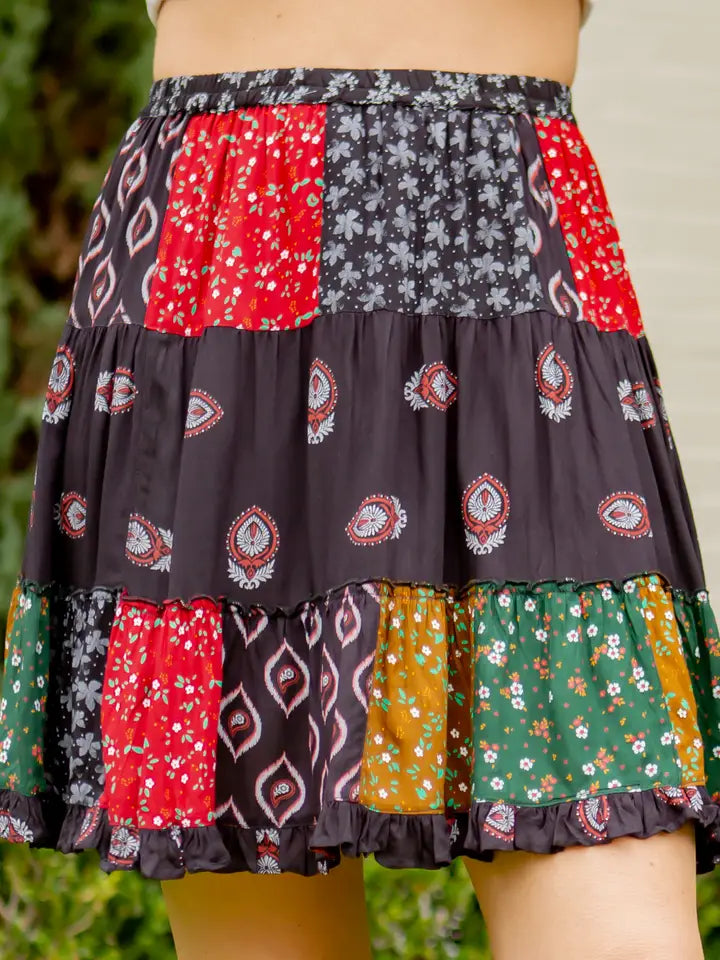 Western Print Patchwork Tiered Mini Skirt Black