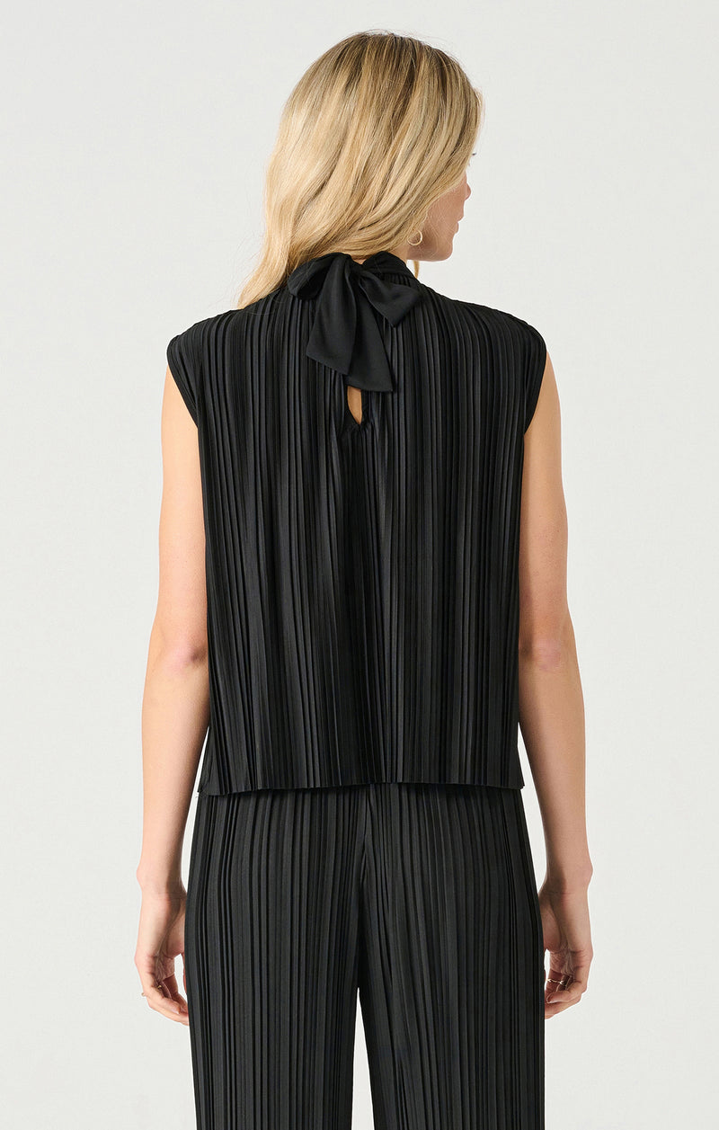 Back Tie Mock Neck Pleated Tank Black