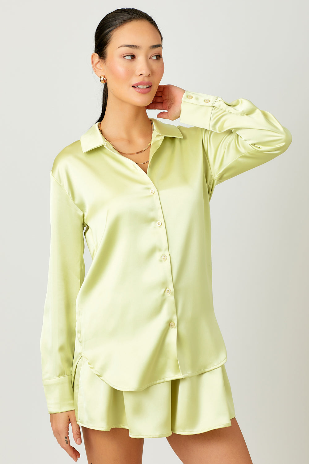 Silky Relaxed Fit Button Down Shirt Lime