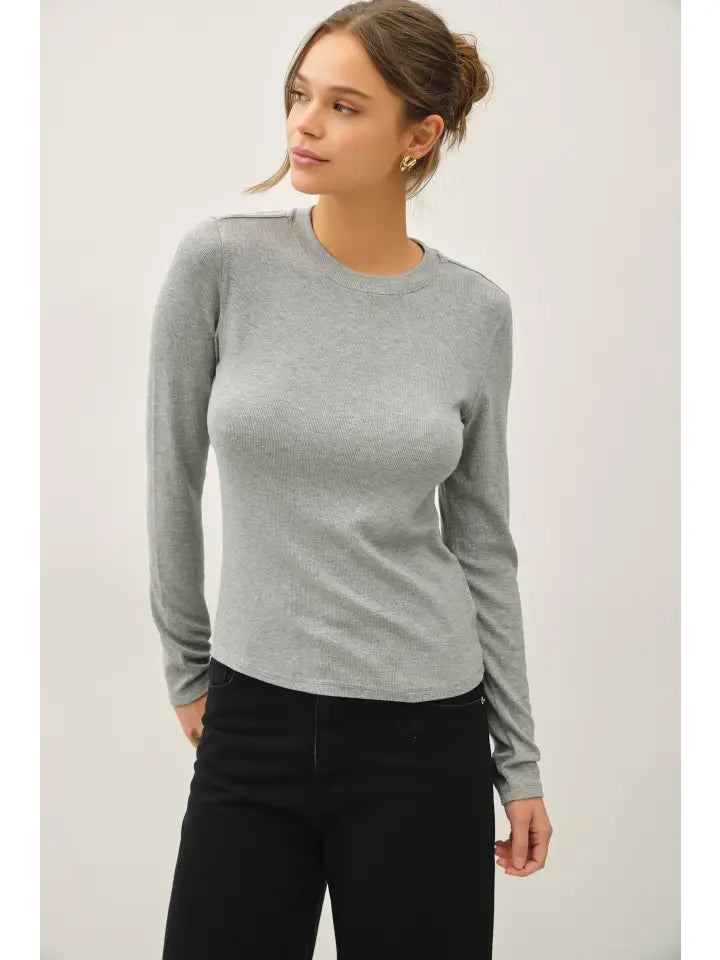 Ribbed Crew Neck Long Sleeve Basic Top Light Grey