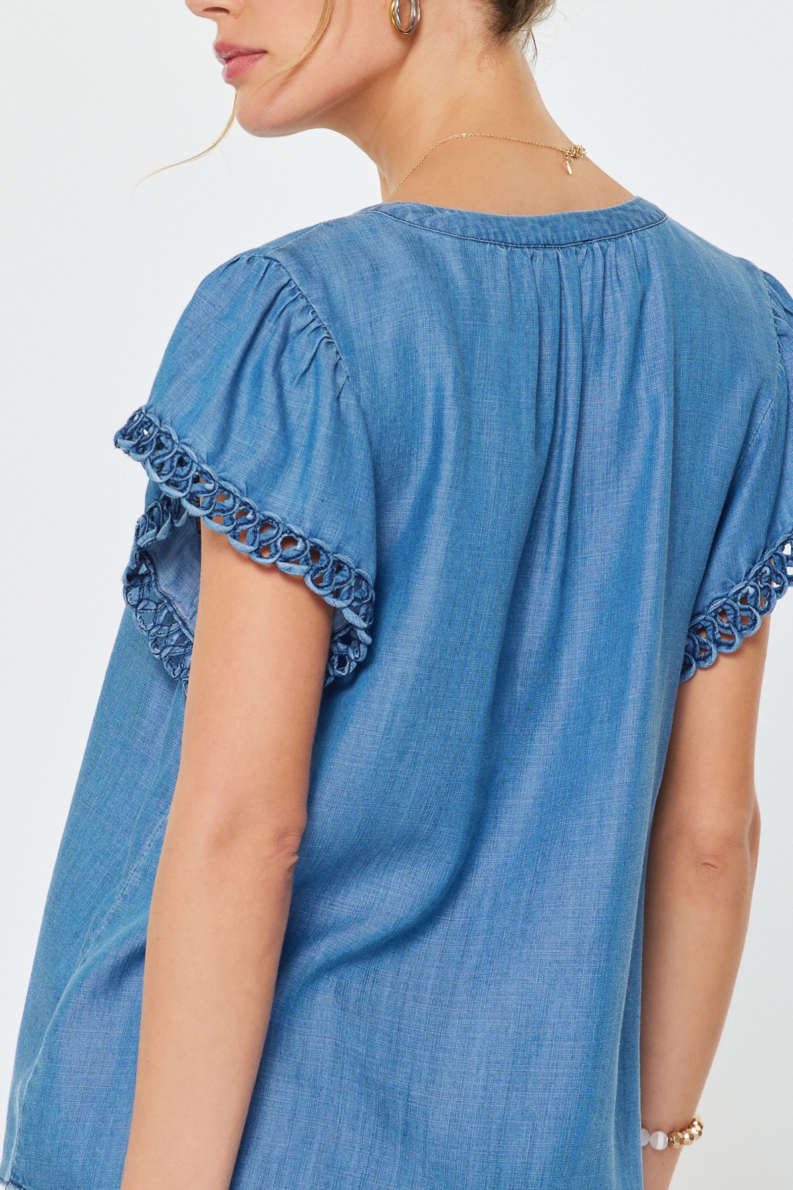 Chambray Crochet Edge Flutter Sleeve Split Neck Blouse Chambray