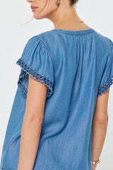 Chambray Crochet Edge Flutter Sleeve Split Neck Blouse Chambray