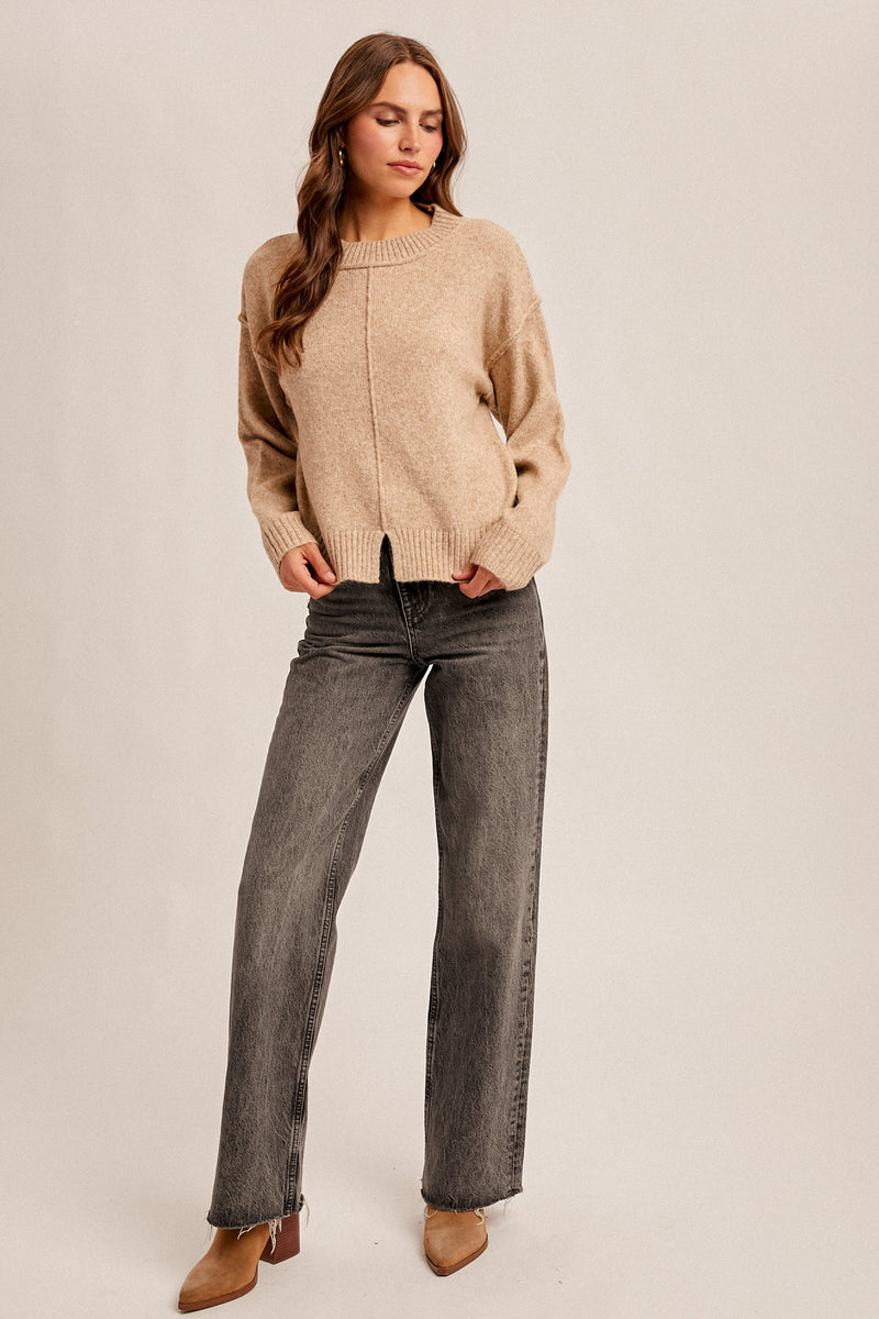 Front Bottom Slit Crew Neck Sweater Top Taupe