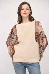 Mixed Media Patch Print Sleeve Round Neck Sweater Blush + Taupe