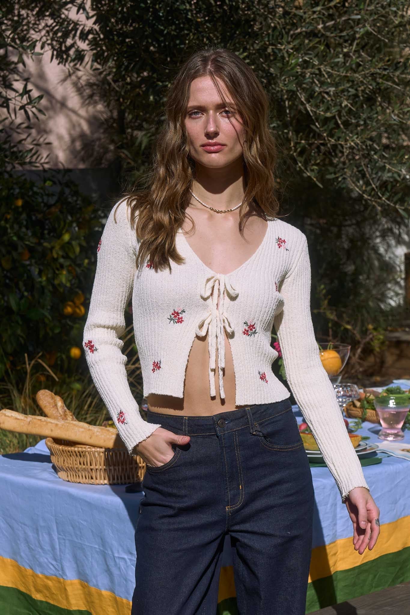 Floral Embroidered Detail Front Tie Knit Cardi Cream Multi