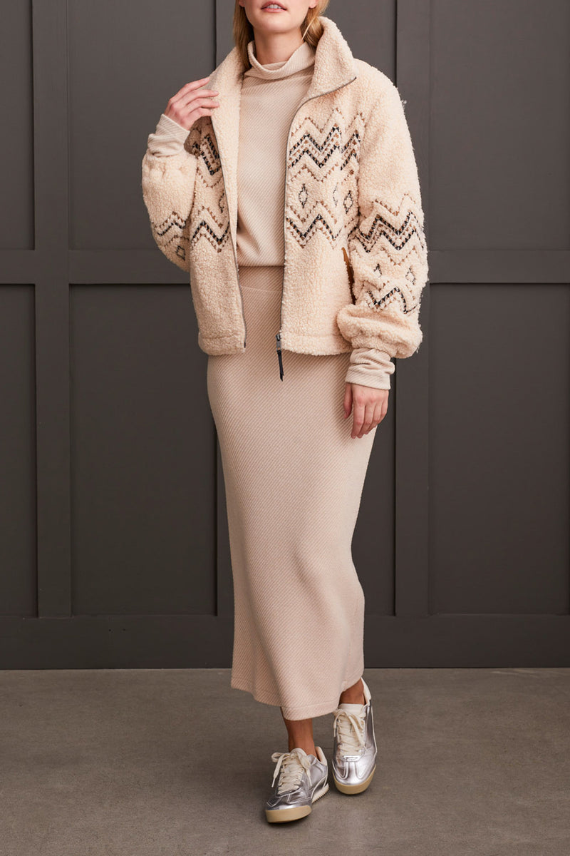 Embroidered Diamonds Zig Zag Sherpa Jacket Latte