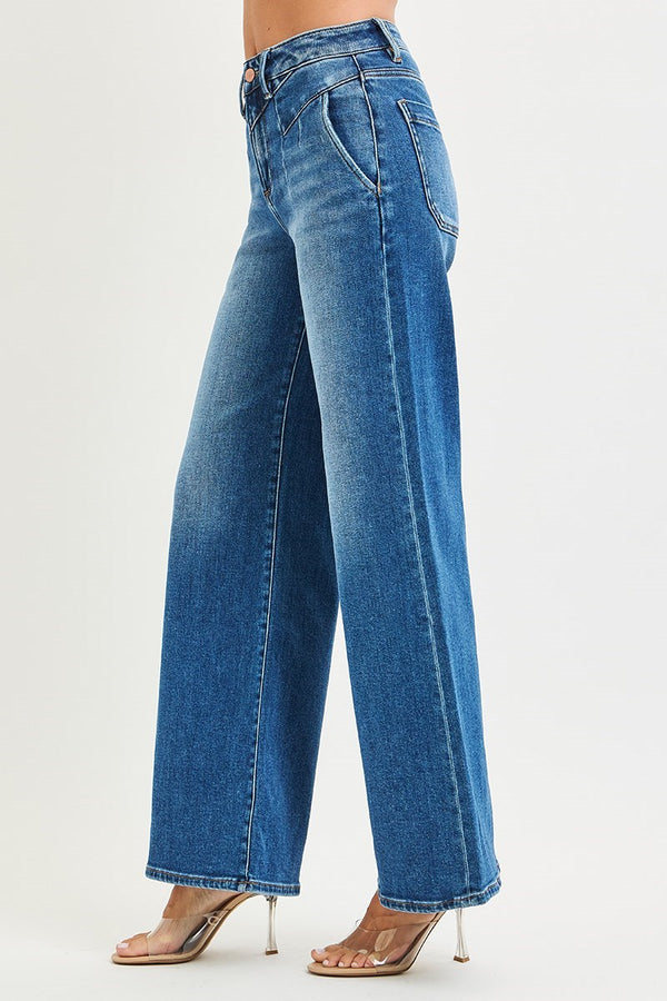 High Rise Wide Jeans Front Yoke Seam Detail Dark