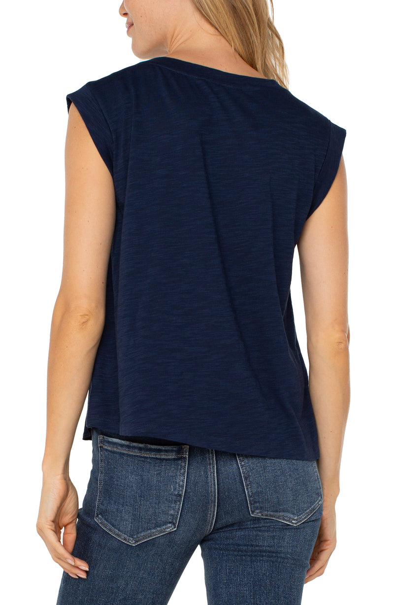 Sleeveless Contrast Satin Knit Top Dark Navy