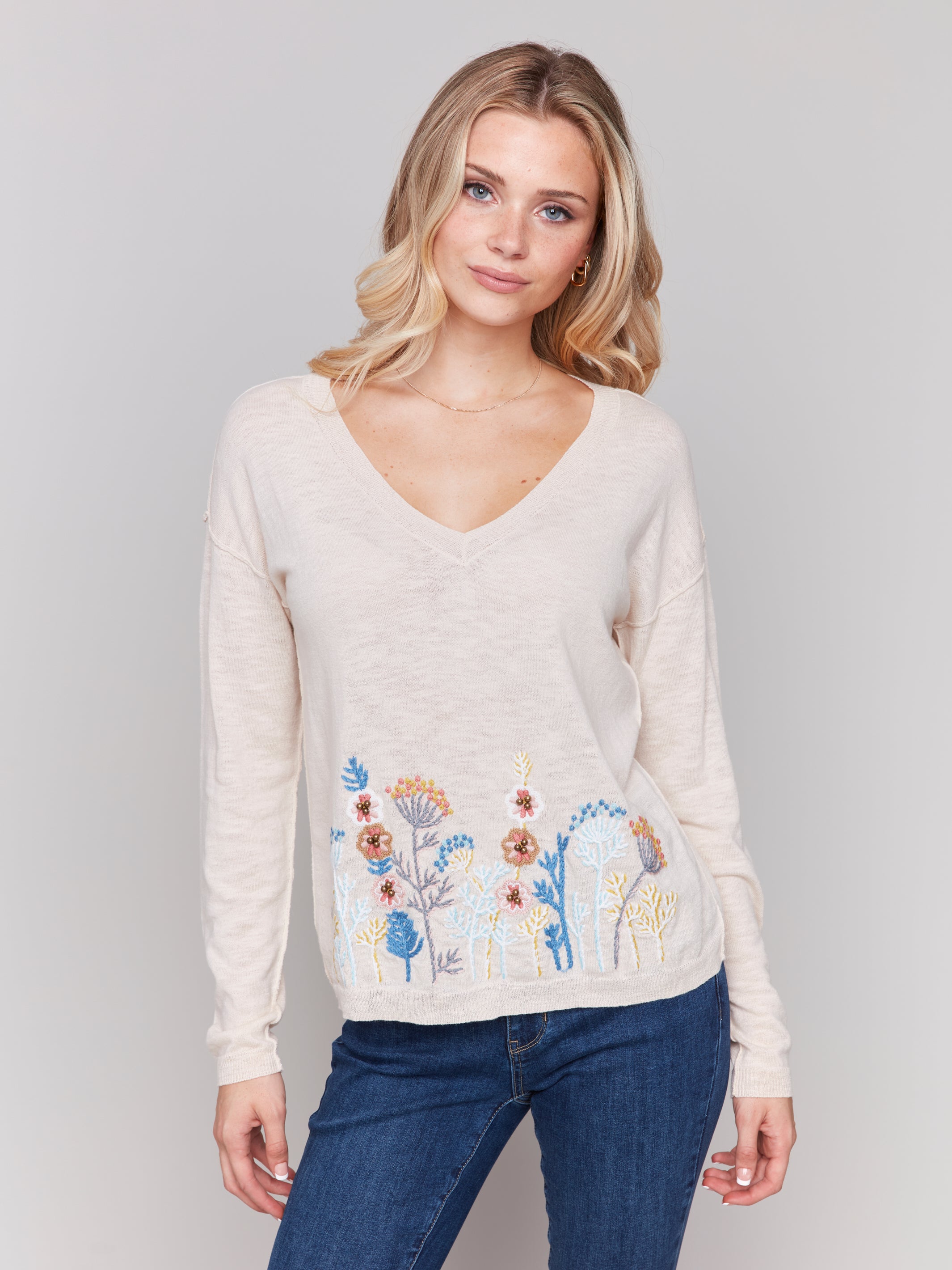 Embroidered Stems Vneck Sweater Flowers