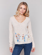 Embroidered Stems Vneck Sweater Flowers