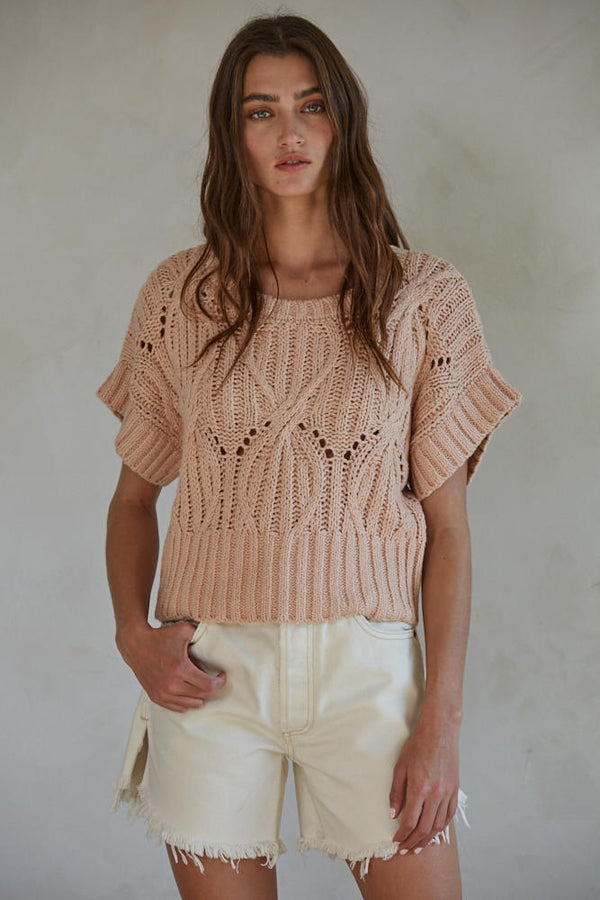 Cali Crochet Short Sleeve Sweater Top Dusty Pink