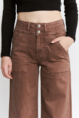 High Rise Double Waistband Wide Leg Denim Pants Cocoa
