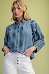 Embroidered Puff Sleeve Pintuck Denim Shirt Washed Denim
