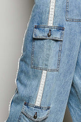 Lace Trim Relax Fit Twill Cargo Pants Denim