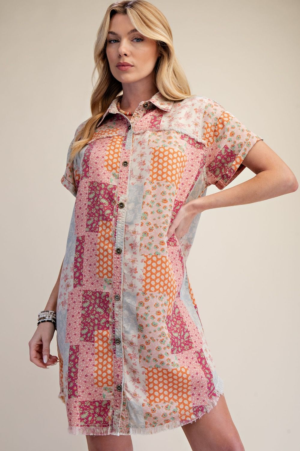 Patchwork Washed Twill Shirt Dress Light Taupe