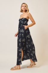 Floral Strapless Open Back Maxi Dress Dark Blue