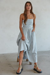 Striped Strapless Smocked Back Maxi Dress Dusty Blue