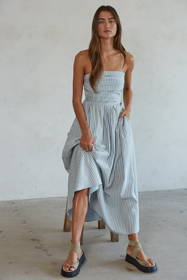 Striped Strapless Smocked Back Maxi Dress Dusty Blue