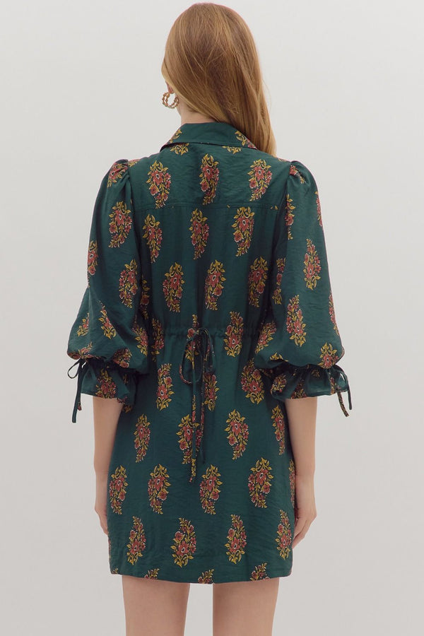 Floral Print Puff Sleeve Mini Dress H Green